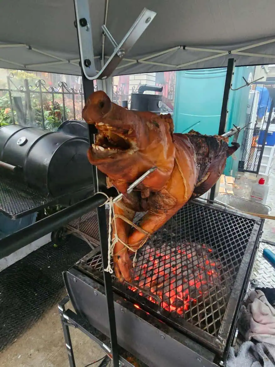 Roasted pig on Moss Grills with open flame and grilling setup.